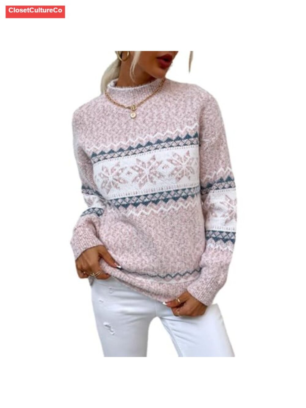 Christmas Snowflakes Half Turtleneck Knitted Pullover Sweater Holiday